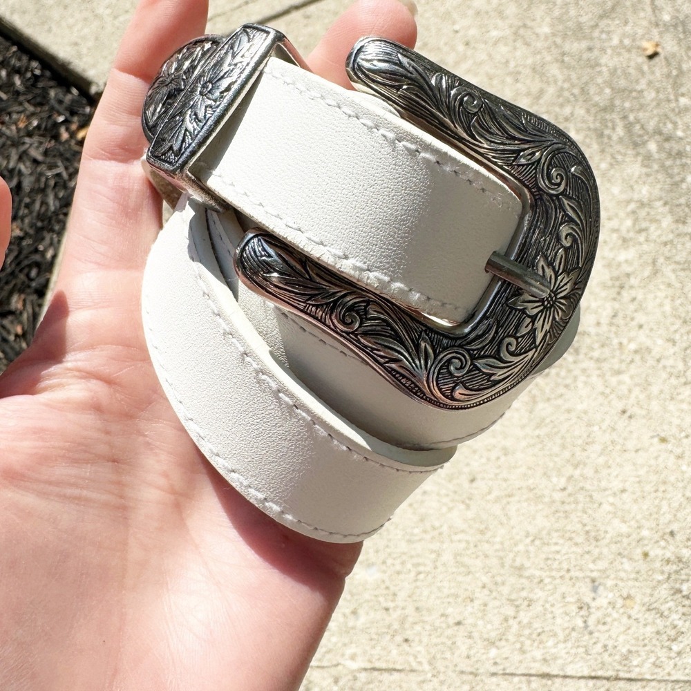 Western‎ White Leather Belt Silver Floral Engraved Buckle Boho XL
